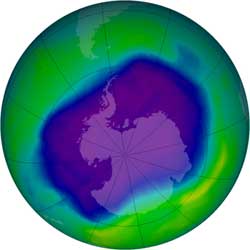 This image, from Sept. 24, the Antarctic ozone hole was equal to the record single day largest area of 11.4 million square miles, reached on Sept. 9, 2000.
